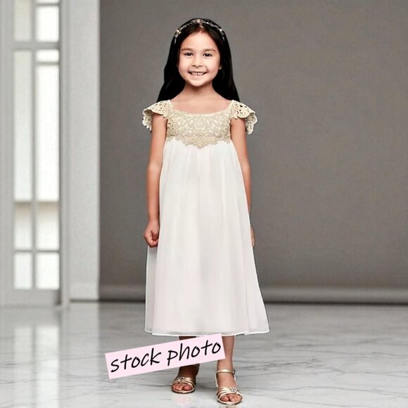 Davids Bridal Metallic Crochet and Chiffon Flower Girl Dress Size 2T Soft White - Picture 1 of 10